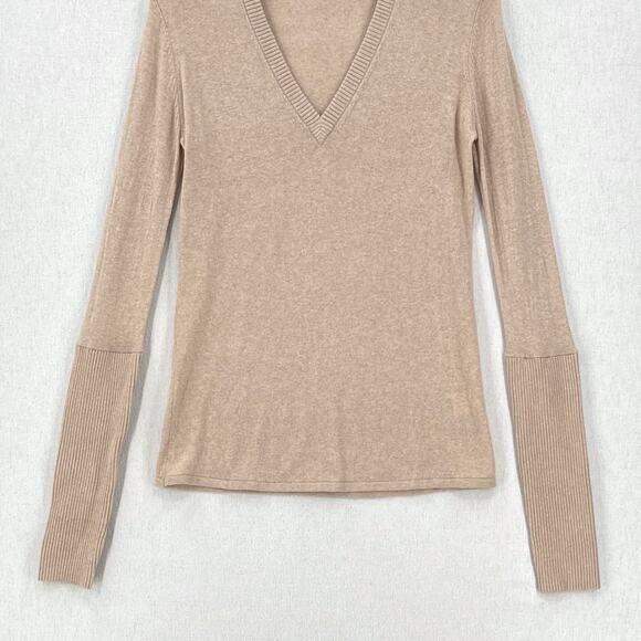 ENZA COSTA Fine Cashmere Knitted V-neck Sweater Medium Large Oatmeal Long Sleeve - Picture 8 of 15